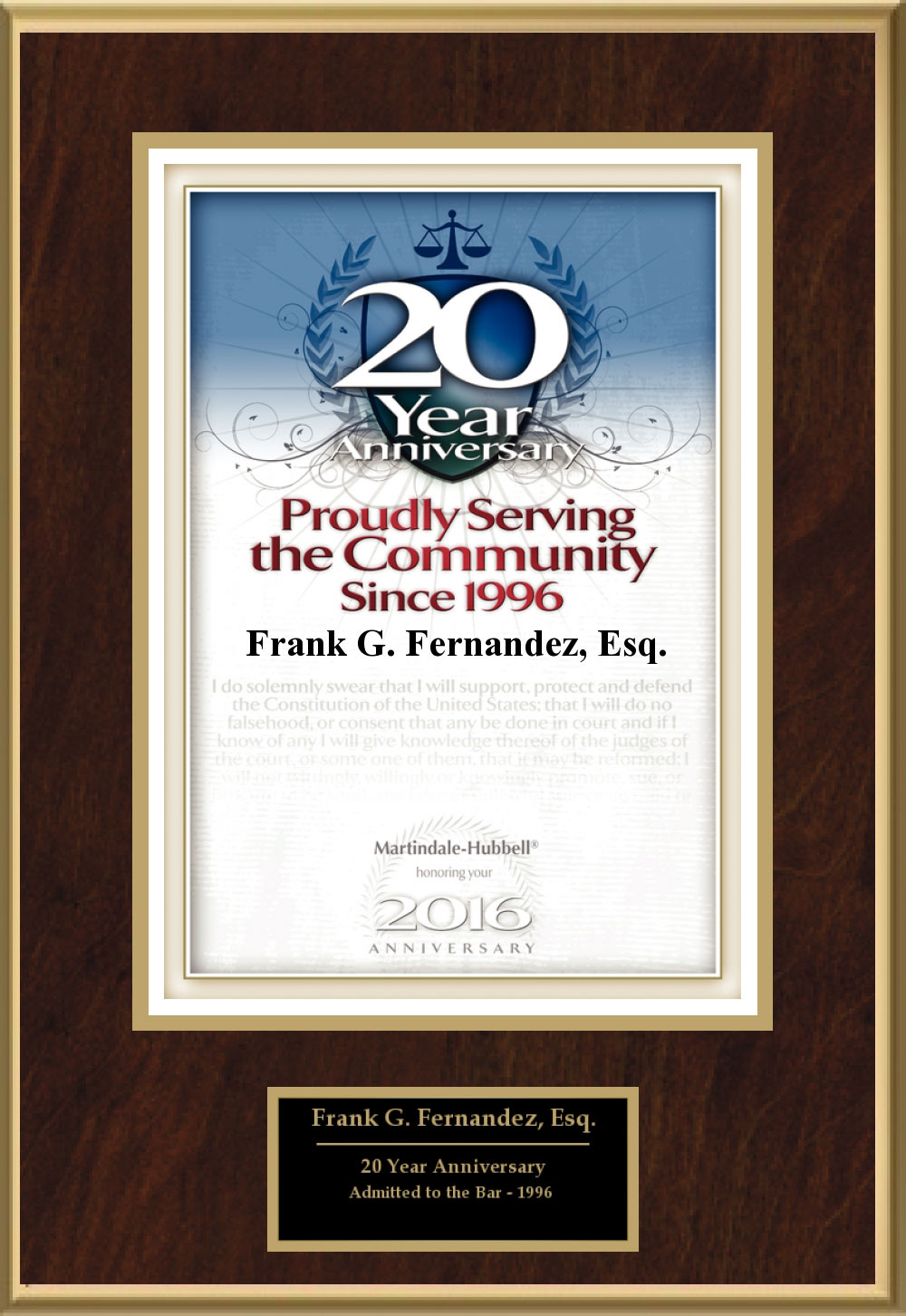 2015 award for 20 years serving the Tampa community