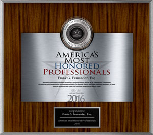 2016 Most Honored Professionals Award presented to the Tampa Award Winning Lawyers of Fernandez Law Group