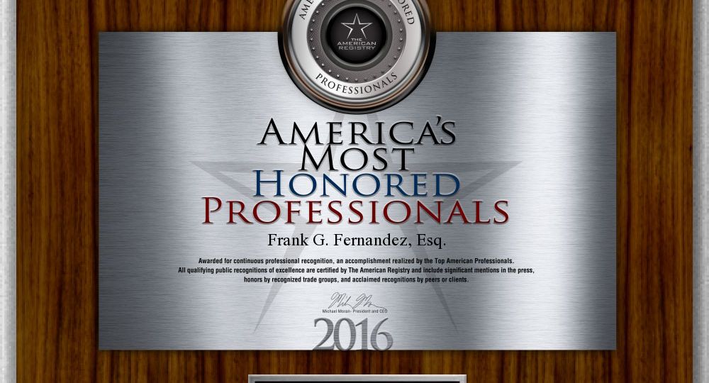 Tampa Lawyer Frank G. Fernandez - America's Most Honored Professionals Award for 2016