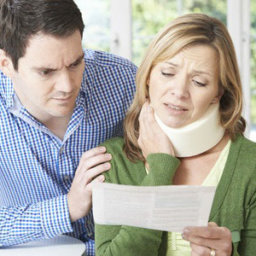 An accident victim is comforted by her husband as they review medical bills due to injuries sustained in a car accident.