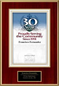 Tampa Lawyer Frank G. Fernandez was recently presented with a 30th Anniversary Award for proudly serving the Tampa Bay Area community from Martindale-Hubbell.