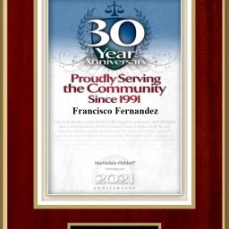 Tampa Lawyer Frank G. Fernandez receives 30th Anniversary Award for proudly serving the Tampa Bay Area community since 1996 Tampa Lawyer Frank G. Fernandez was recently presented with a 30th Anniversary Award for proudly serving the Tampa Bay Area community from Martindale-Hubbell.