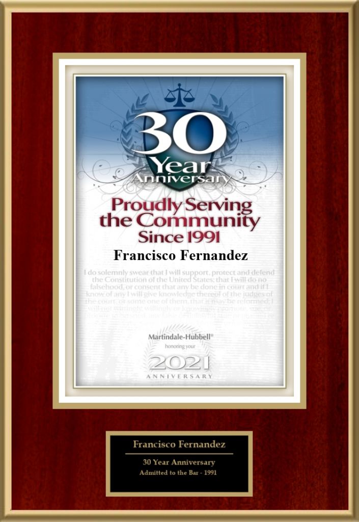 Tampa Lawyer Frank Fernandez 2026 30th Anniversary award for proudly serving the Tampa community
