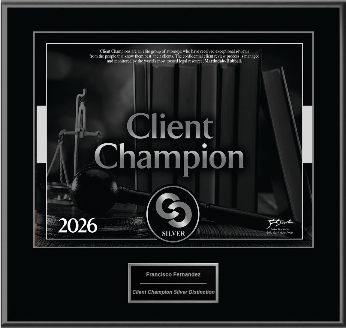 Tampa Award Winning Lawyers 2026 Client Champion Silver Award presented to Tampa Lawyer Frank Fernandez
